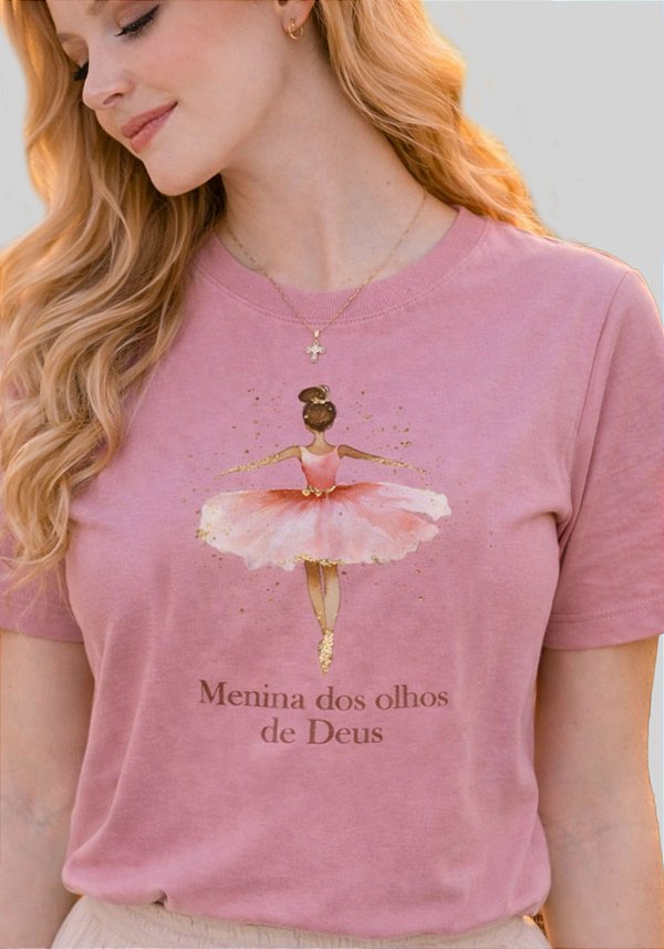 T-SHIRT FEMININA - MENINA DOS OLHOS DE DEUS - COR ROSA CLARO