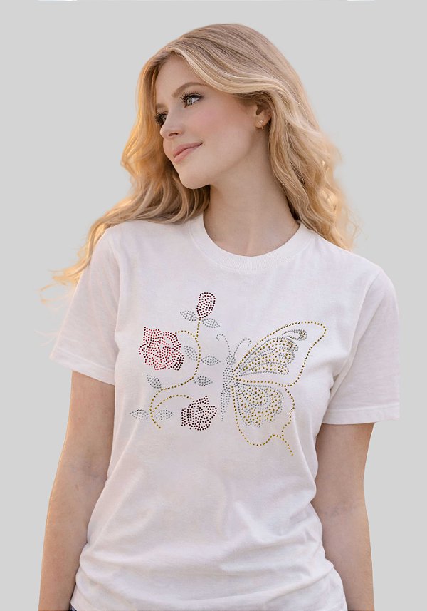 T-SHIRT FEMININA - BORBOLETA FLOR STRASS - COR MARFIM