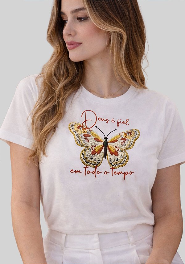 T-SHIRT FEMININA - DEUS É FIEL EM TODO O TEMPO - COR MARFIM