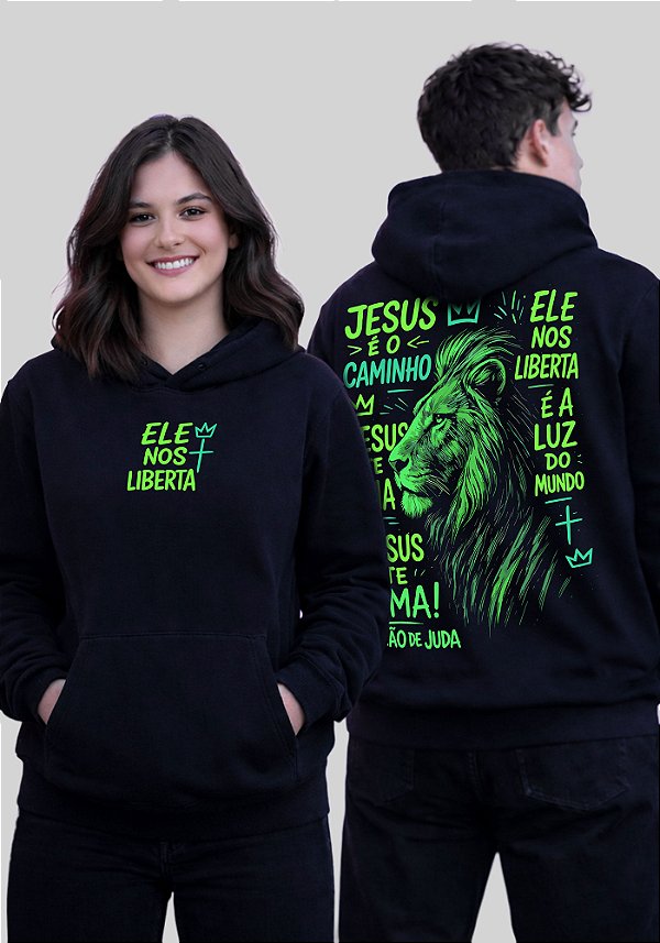 MOLETOM CAPUZ - JESUS É O CAMINHO ELE NOS LIBERTA - COR PRETO