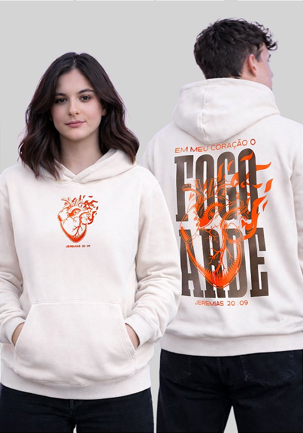 MOLETOM CAPUZ - EM MEU CORAÇÃO O FOGO ARDE - COR MARFIM