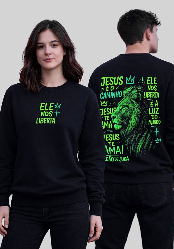 MOLETOM RAGLAN - JESUS É O CAMINHO ELE NOS LIBERTA- COR PRETO