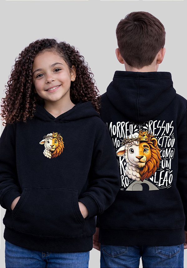 INFANTIL UNISSEX - MOLETOM CAPUZ COM BOLSO - MORREU E RESSUSCITOU COMO UM LEÃO - COR PRETO