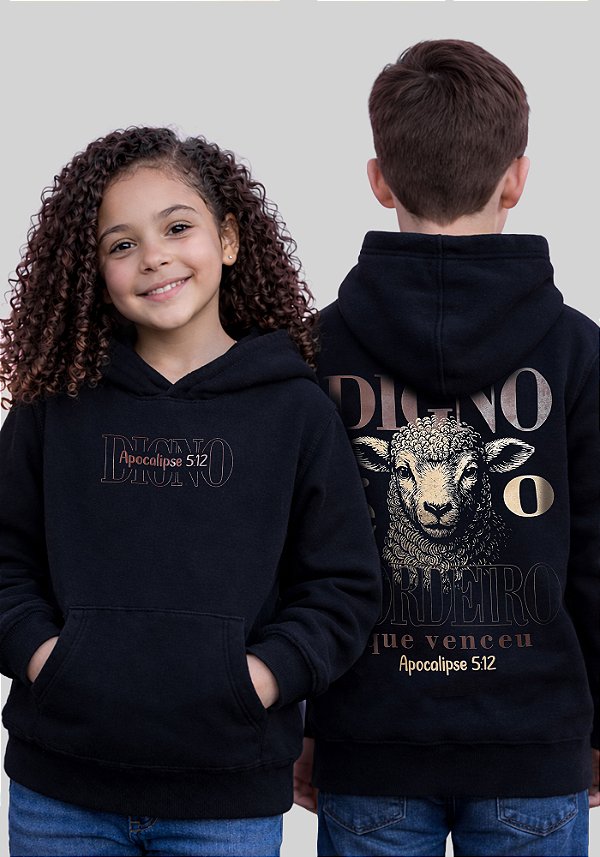 INFANTIL UNISSEX - MOLETOM CAPUZ COM BOLSO - DIGNO É O CORDEIRO - COR PRETO