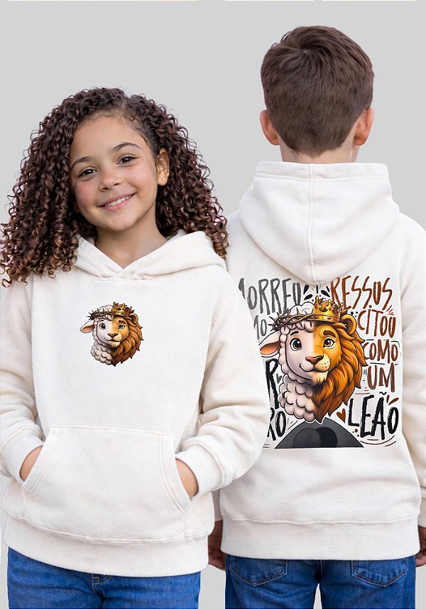 INFANTIL UNISSEX - MOLETOM CAPUZ COM BOLSO - MORREU E RESSUSCITOU COMO UM LEÃO - COR MARFIM