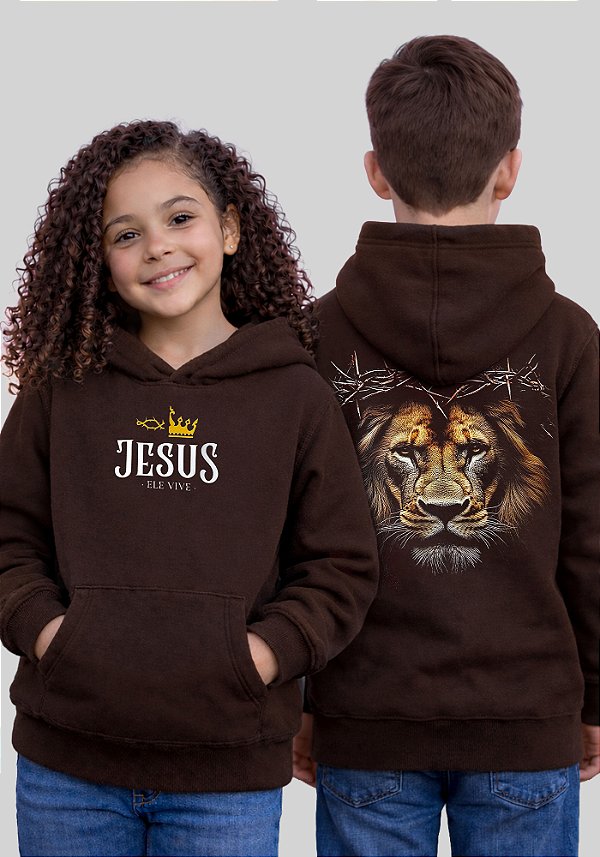 INFANTIL UNISSEX - MOLETOM CAPUZ COM BOLSO - LEÃO ELE VIVE COROA - COR MARROM