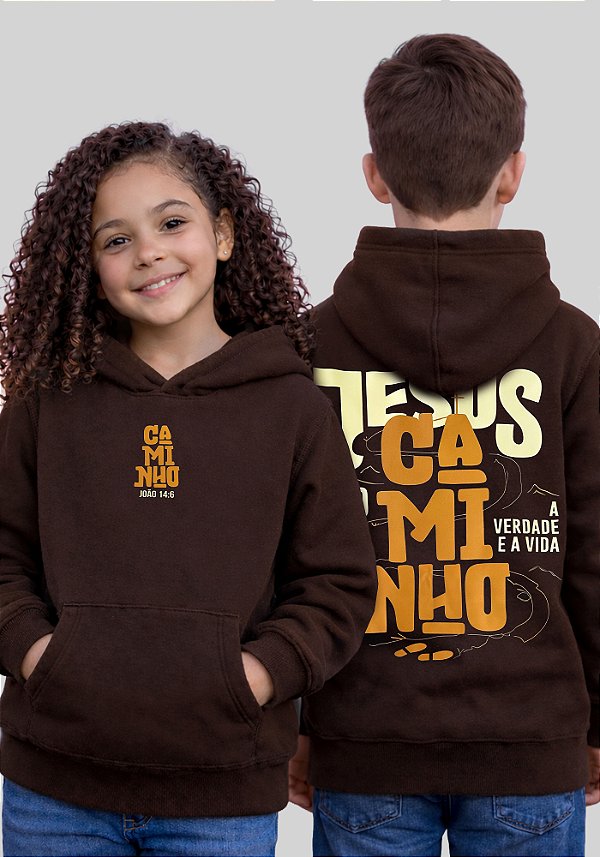 INFANTIL UNISSEX - MOLETOM CAPUZ COM BOLSO - JESUS É O CAMINHO - COR MARROM