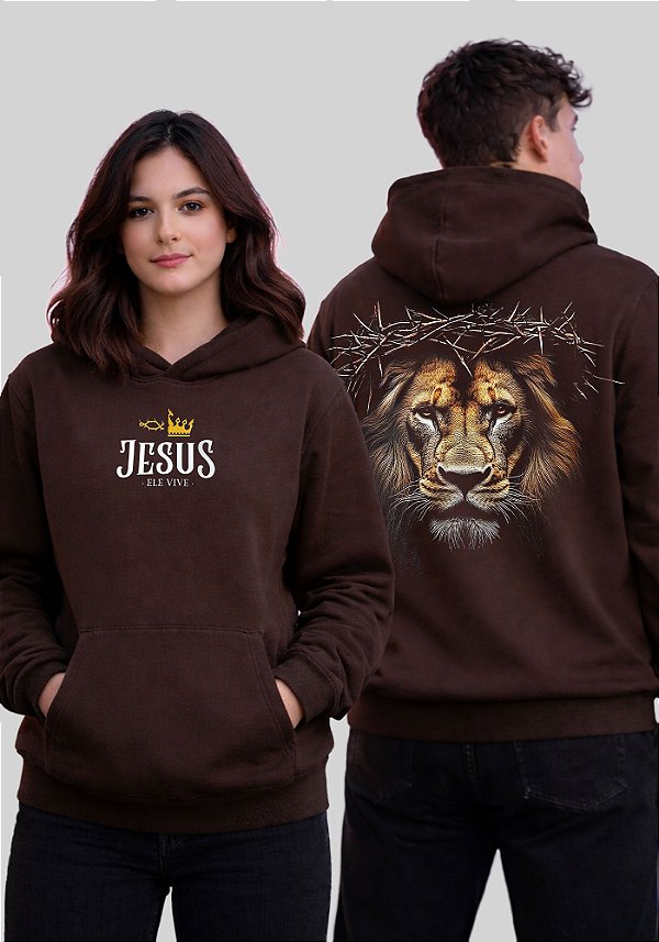 MOLETOM CAPUZ - LEÃO ELE VIVE COROA - MARROM