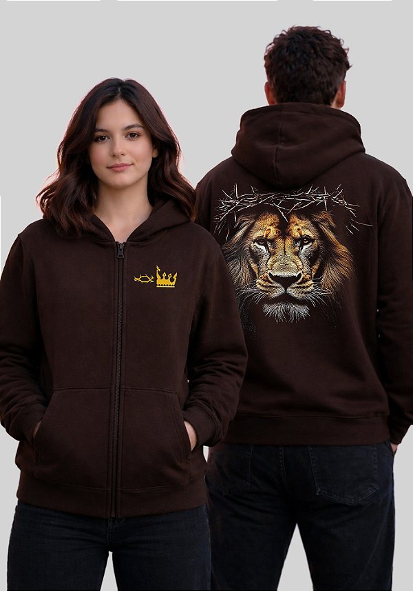 MOLETOM COM ZIPER CANGURU - LEÃO ELE VIVE COROA - COR MARROM