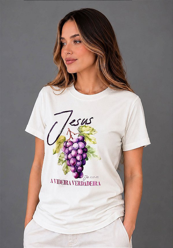 T-SHIRT FEMININA - JESUS A VIDEIRA VERDADEIRA - COR MARFIM