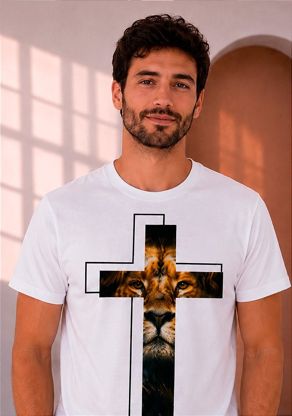 T-SHIRT MASCULINA -CRUZ LEÃO - COR MARFIM