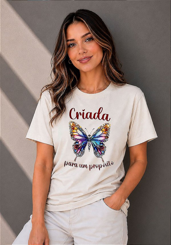 T-SHIRT FEMININA - CRIADA PARA UM PROPÓSITO - COR MARFIM