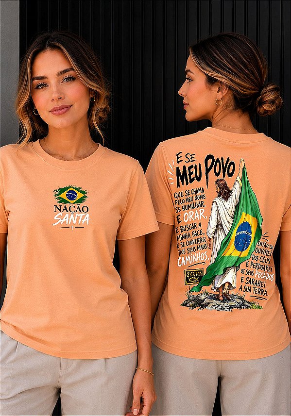 T-SHIRT FEMININA - NAÇÃO SANTA - COR LARANJA