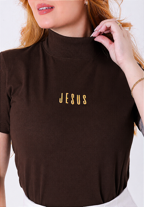 T-SHIRT GOLA ALTA - JESUS - ALTO RELEVO- MARROM