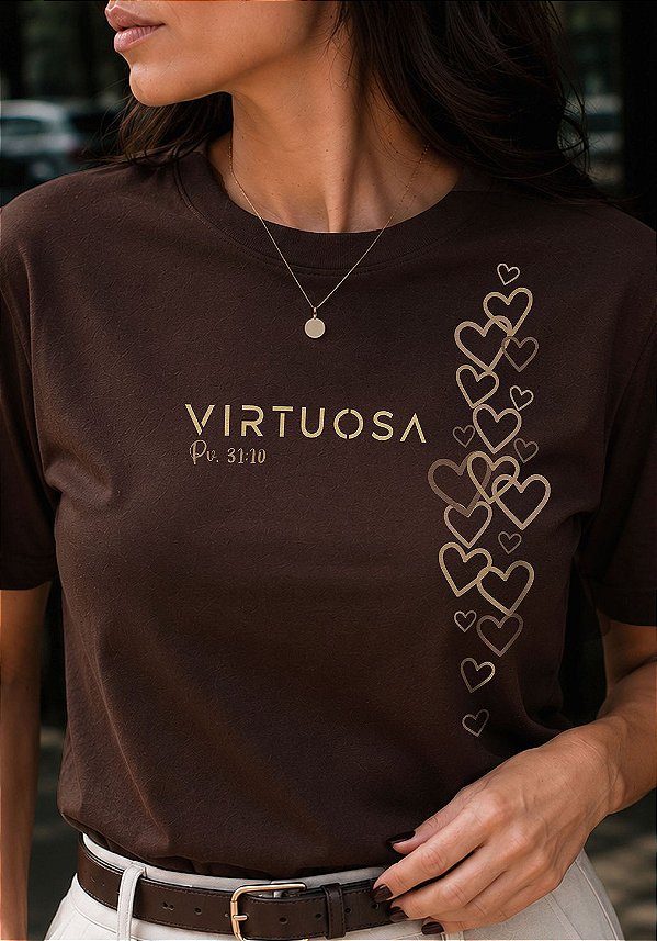 T-SHIRT FEMININA - VIRTUOSA CORAÇÕES - COR MARROM