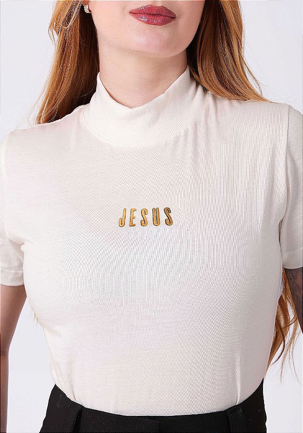 T-SHIRT GOLA ALTA - JESUS - ALTO RELEVO- MARFIM