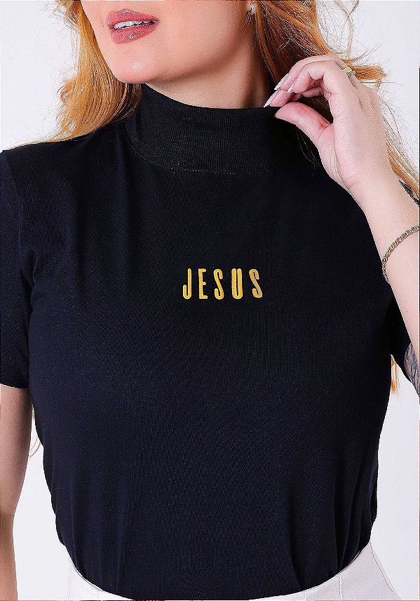 T-SHIRT GOLA ALTA - JESUS - ALTO RELEVO- PRETO