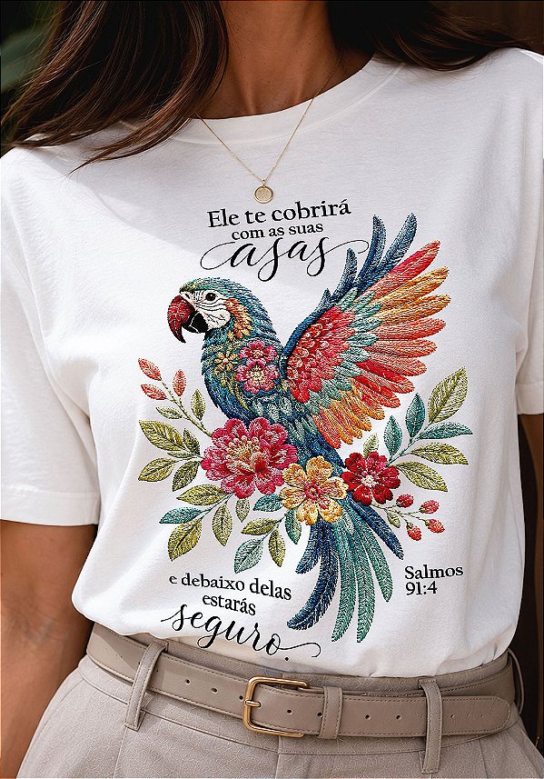T-SHIRT FEMININA - ARARA SUAS ASAS - COR MARFIM