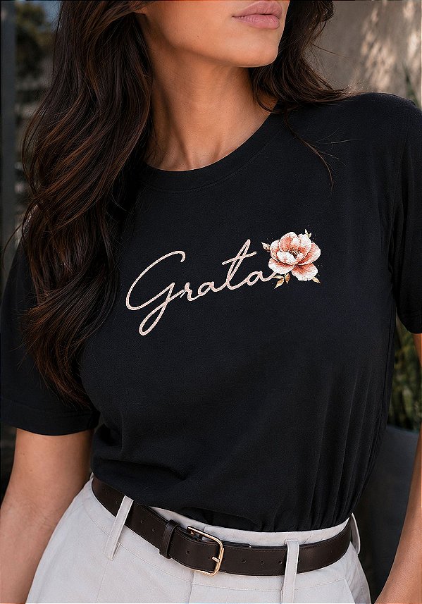T-SHIRT FEMININA - GRATA FLOR - COR PRETO