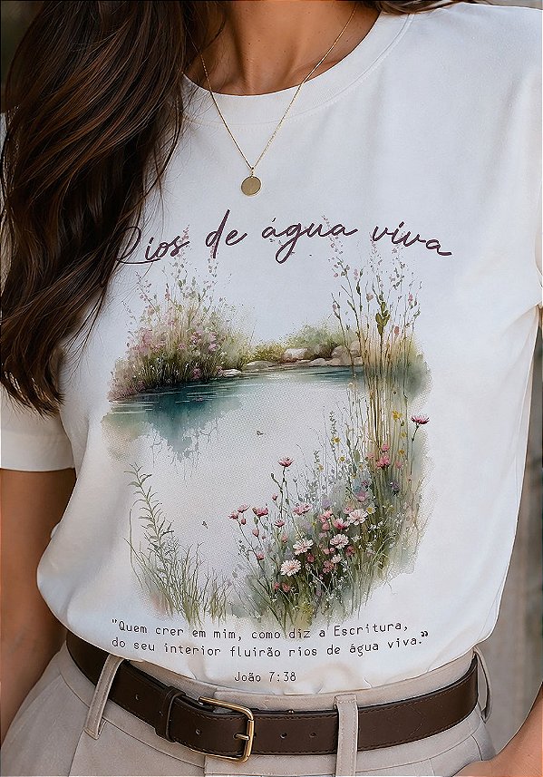 T-SHIRT FEMININA - RIOS DE ÁGUA VIVA - COR MARFIM