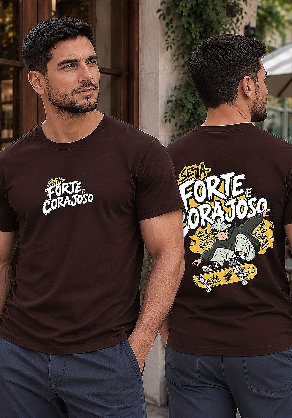 T-SHIRT MASCULINA - SKATE FORTE E CORAJOSO - COR MARROM