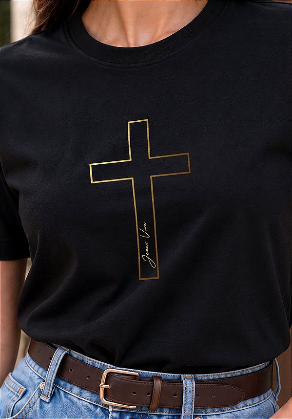 T-SHIRT FEMININA - JESUS VIVE CRUZ - COR PRETO
