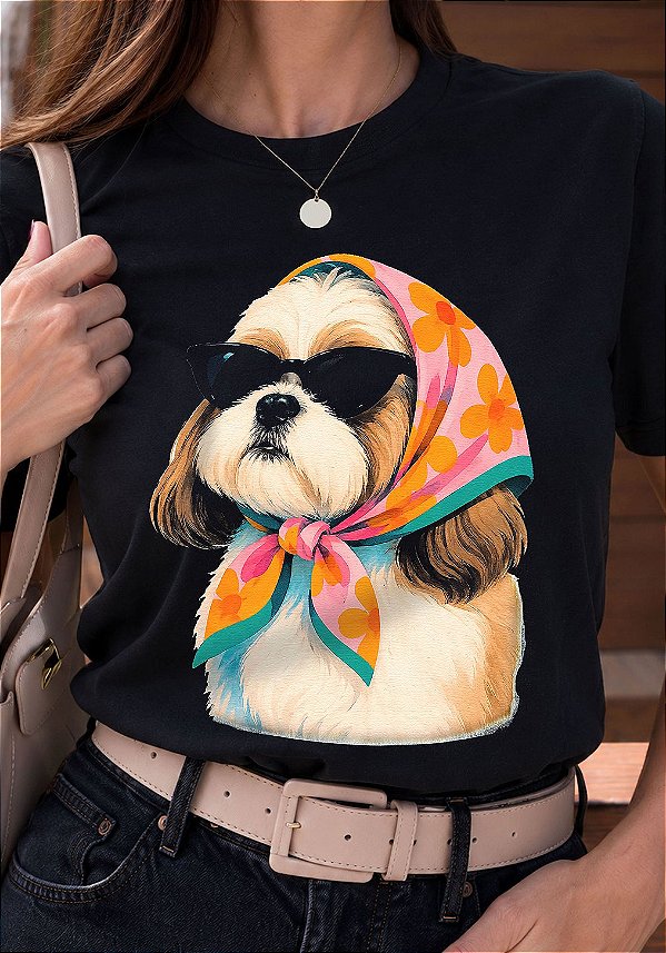 T-SHIRT FEMININA - CACHORRO COM LENÇO - COR PRETO