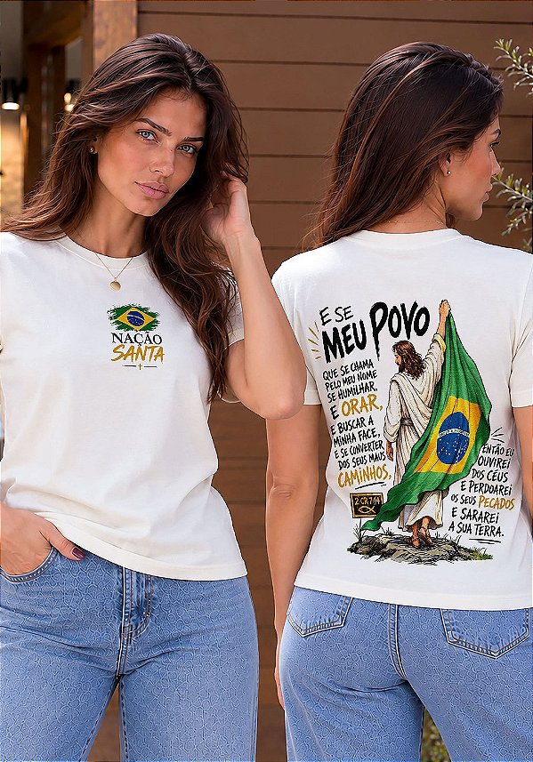 T-SHIRT FEMININA - NAÇÃO SANTA - COR MARFIM