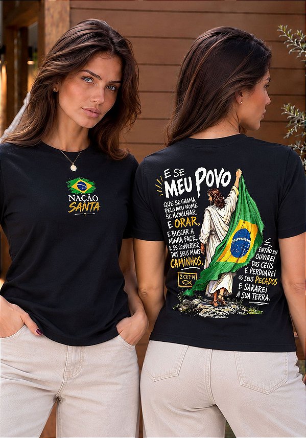 T-SHIRT FEMININA - NAÇÃO SANTA - COR PRETO