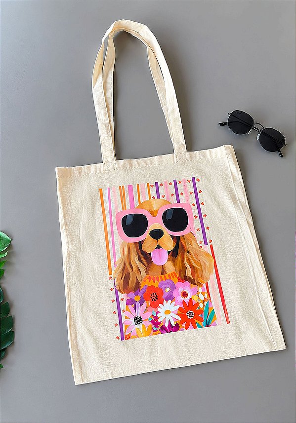 ECOBAG BOLSA DE ALGODÃO CRU - CACHORRO FLORES