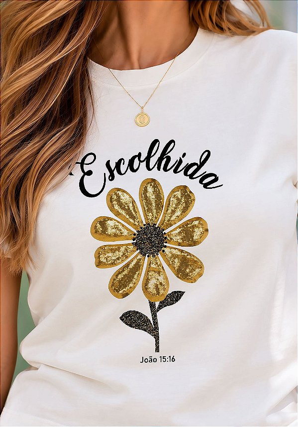 T-SHIRT FEMININA - FLOR DOURADA ESCOLHIDA - COR MARFIM