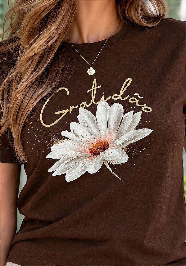 T-SHIRT FEMININA - FLOR GRATIDÃO - COR MARROM