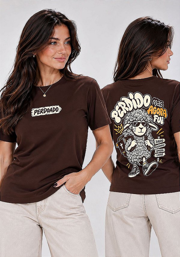 T-SHIRT FEMININA - PERDOADO PERDIDO MAS AGORA FUI SALVO - COR MARROM