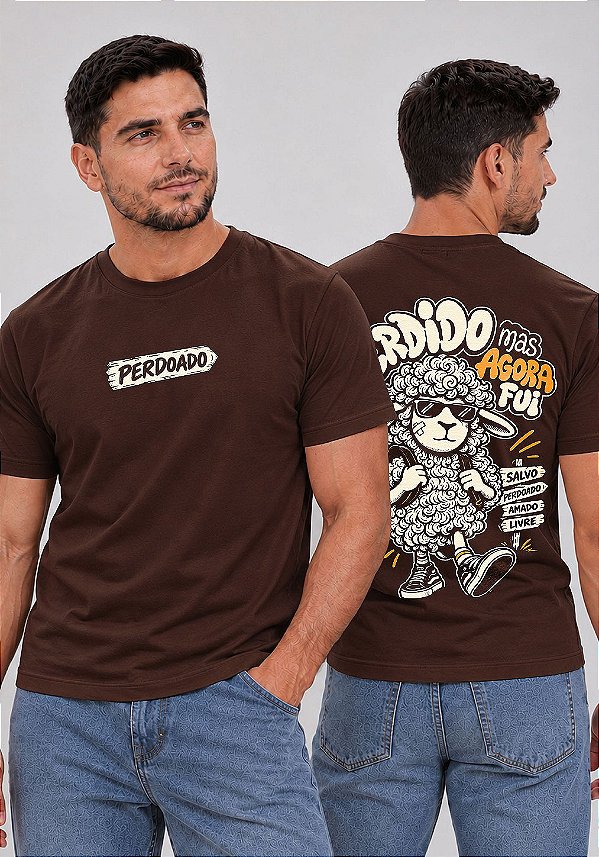 T-SHIRT MASCULINA -PERDOADO PERDIDO MAS AGORA FUI SALVO - COR MARROM