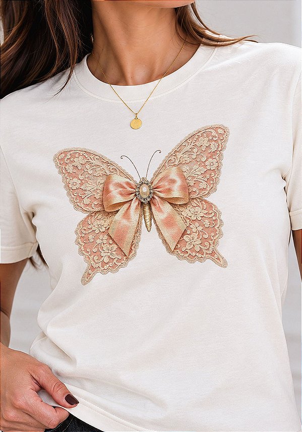 T-SHIRT FEMININA - BORBOLETA RENDA COM LAÇO - COR MARFIM