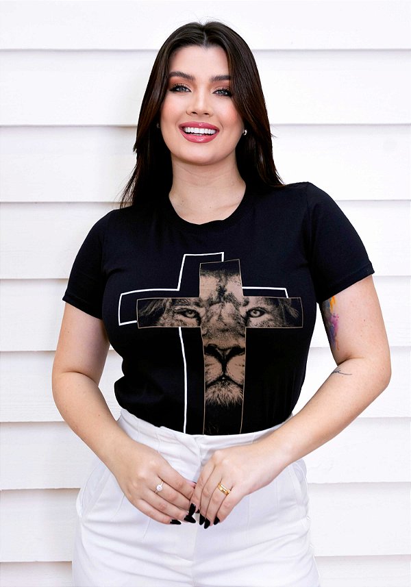 T-SHIRT FEMININA - CRUZ LEÃO - COR PRETO