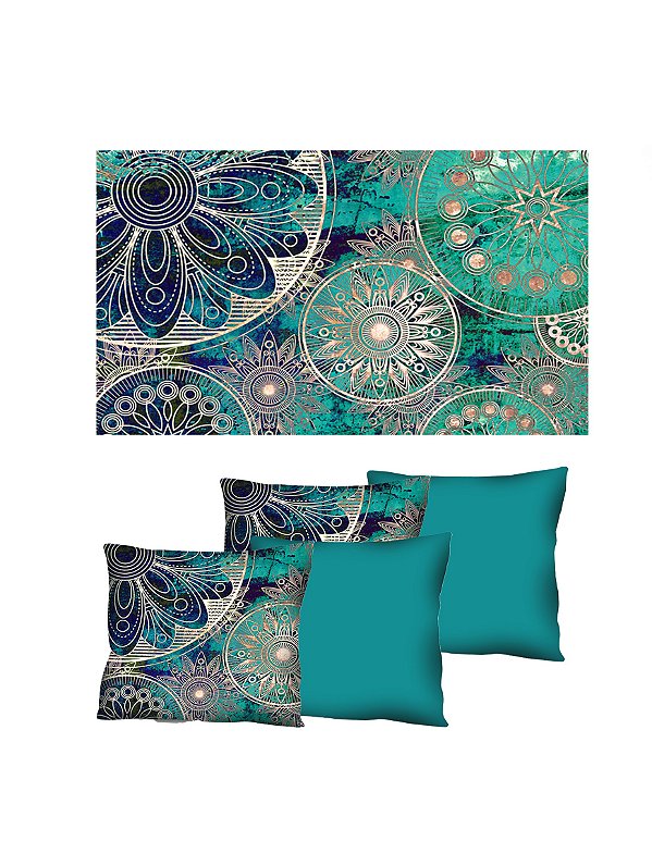 Quadro Mandala Azul Tiffany com Branco + 4 capas de almofadas - diversos tamanhos