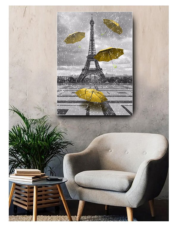 Quadro Paris Guarda Chuva Amarelo Vertical