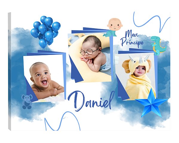 Quadro Personalizado  com Fotos Mosaico Bebê Menino Bexigas Azuis