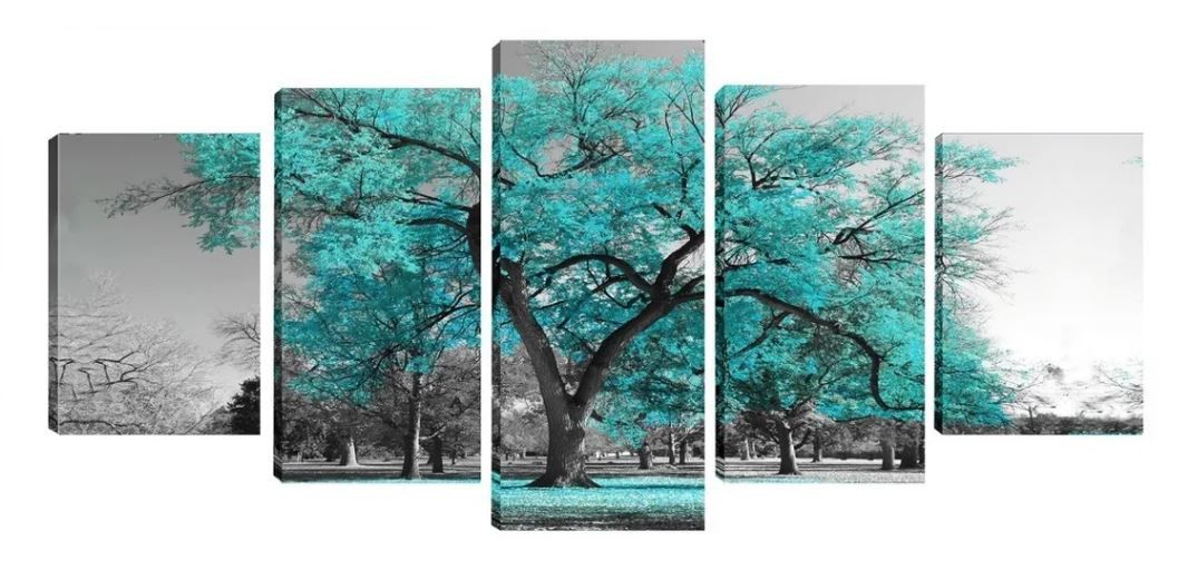 Quadro Árvore Azul Tiffany 5 Peças 70x162