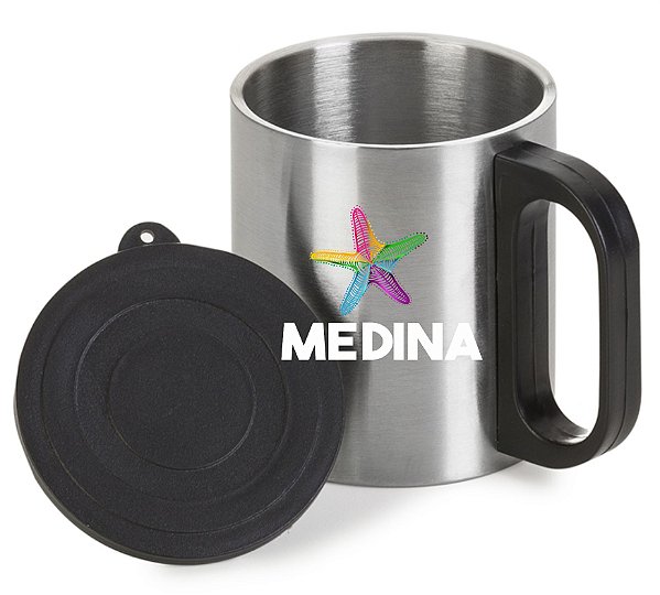 Caneca Inox 180ml Personalizada com Cabo e Tampa de Plástico