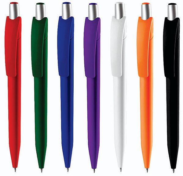 Caneta plástica esferográfica retrátil escrita em azul.