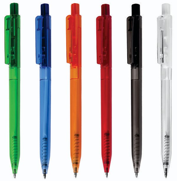 Caneta plástica esferográfica retrátil escrita em azul