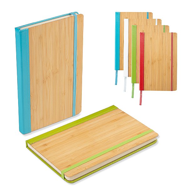 Caderno de anotações, capa de bambu e PU com elástico. (20,5x13) cm.