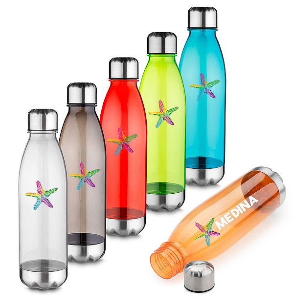 Garrafa plástica com capacidade de até 700 ml.