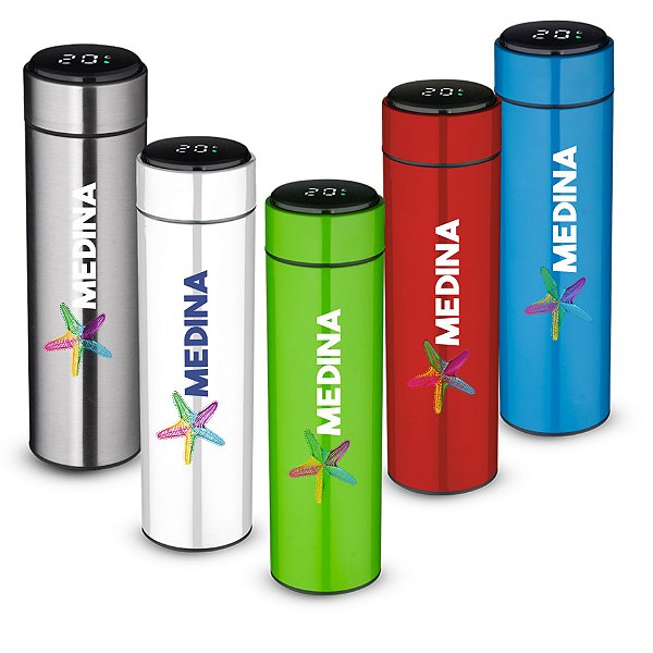 Garrafa térmica em aço inox com parede dupla isolada a vácuo, com capacidade até 450ml.