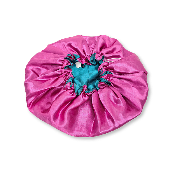 Touca de Cetim Antifrizz Dupla Face Pink e Verde Esmeralda