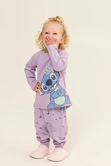 Pijama Stitch Lilás Manga Longa - Tamanho 2