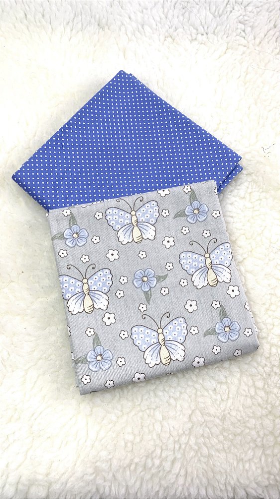 Kit Tecido Combinado / Borboleta fundo cinza e poá azul