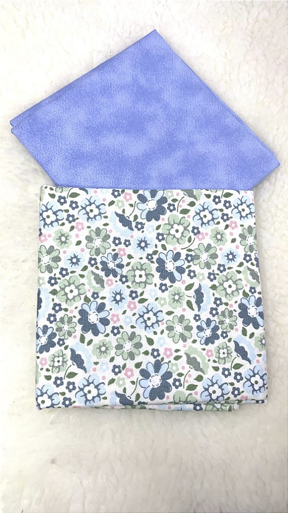 Kit Tecido Combinado / Floral azul e estonado azul